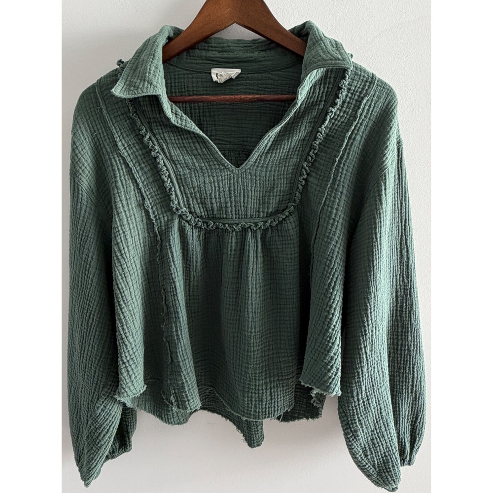 &me Forest Green Double Gauze Cotton Boho Ruffle Blouse Long Sleeve Top